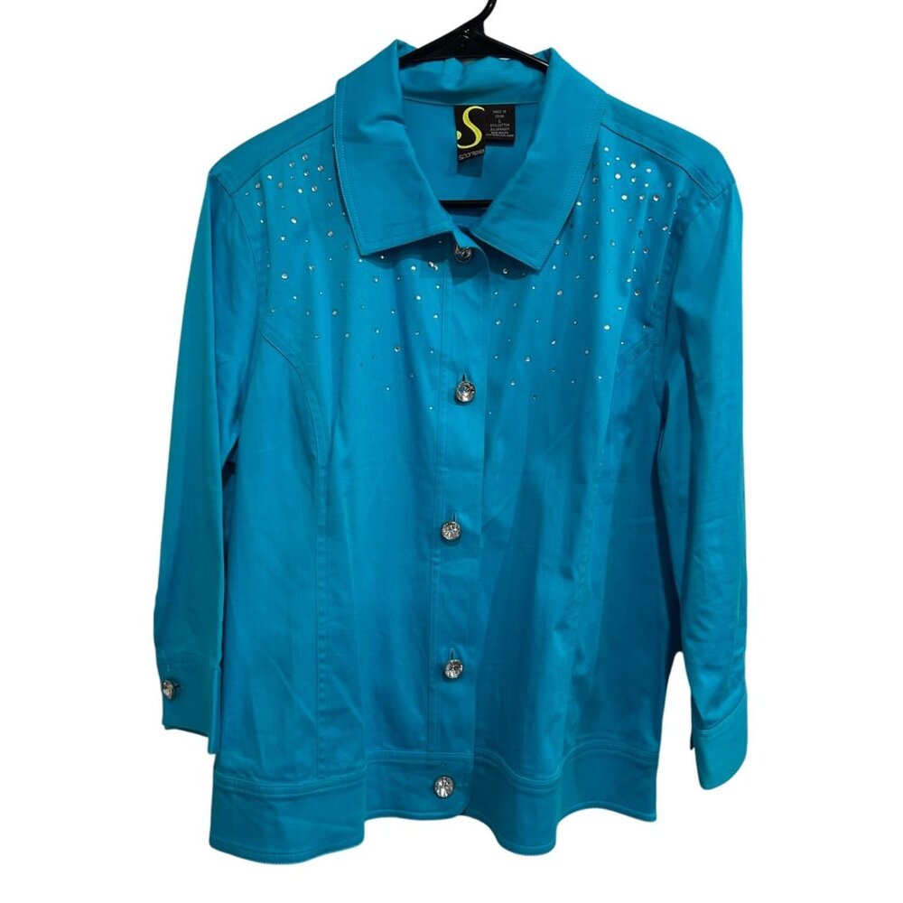 Sportelle Turquoise Studded Jacket Rhinestone Buttons 3/4 Sleeves Sz Large